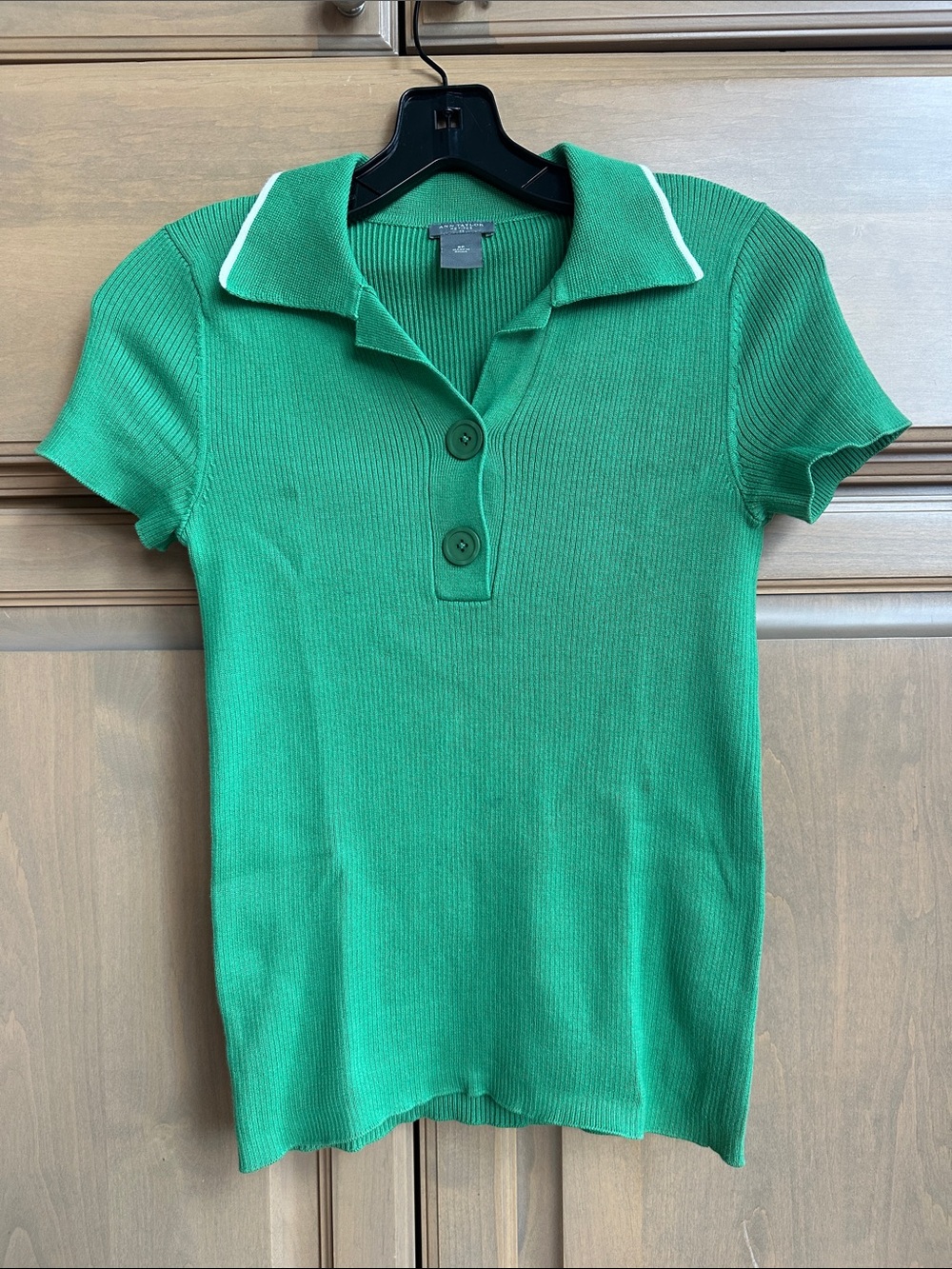 Ann Taylor Green Ribbed Polo Top with White Collar Trim